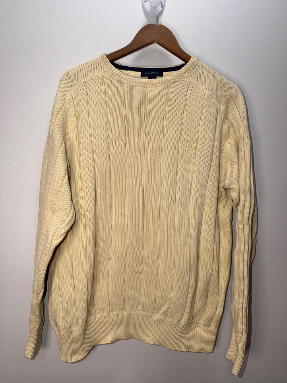 Vintage Y2K Nautica Men’s Cream Ribbed Crewneck Sweater Size L 28x25
